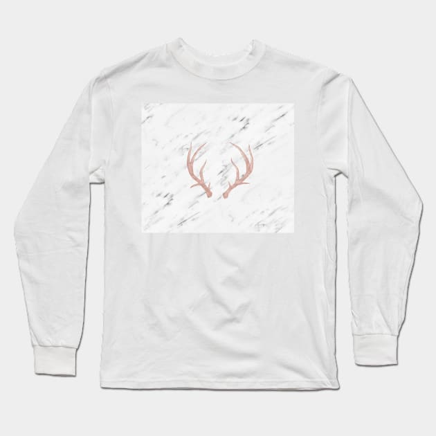 Rose gold antlers - soft white marble Long Sleeve T-Shirt by marbleco